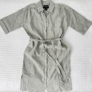 New Tahari Short Sleeve Above Knee Linen Shirt Dress Faded Green Beige Size XS